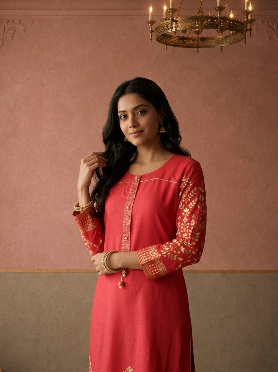 Magenta Rayon Foil Floral Printed Kurta