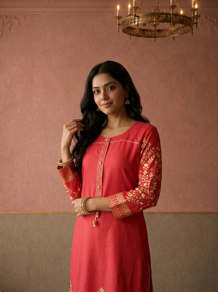 Magenta Rayon Foil Floral Printed Kurta