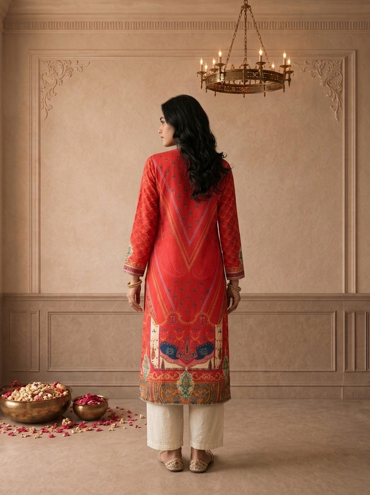 Red Muslin Mughal Paisley Digital Printed Kurta