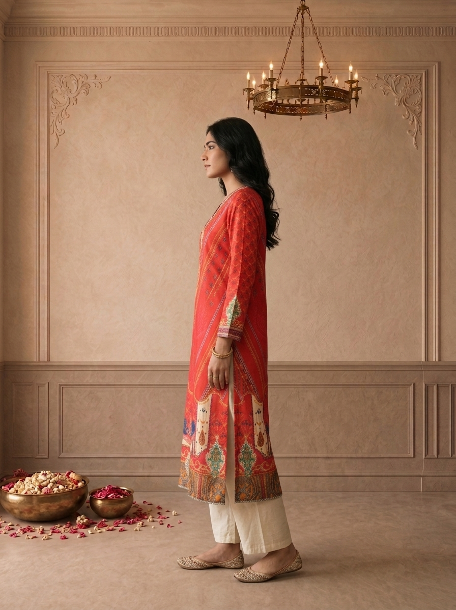 Red Muslin Mughal Paisley Digital Printed Kurta
