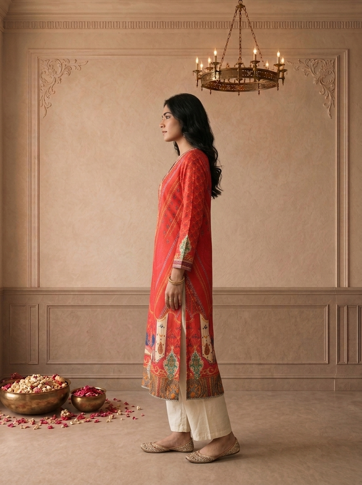 Red Muslin Mughal Paisley Digital Printed Kurta