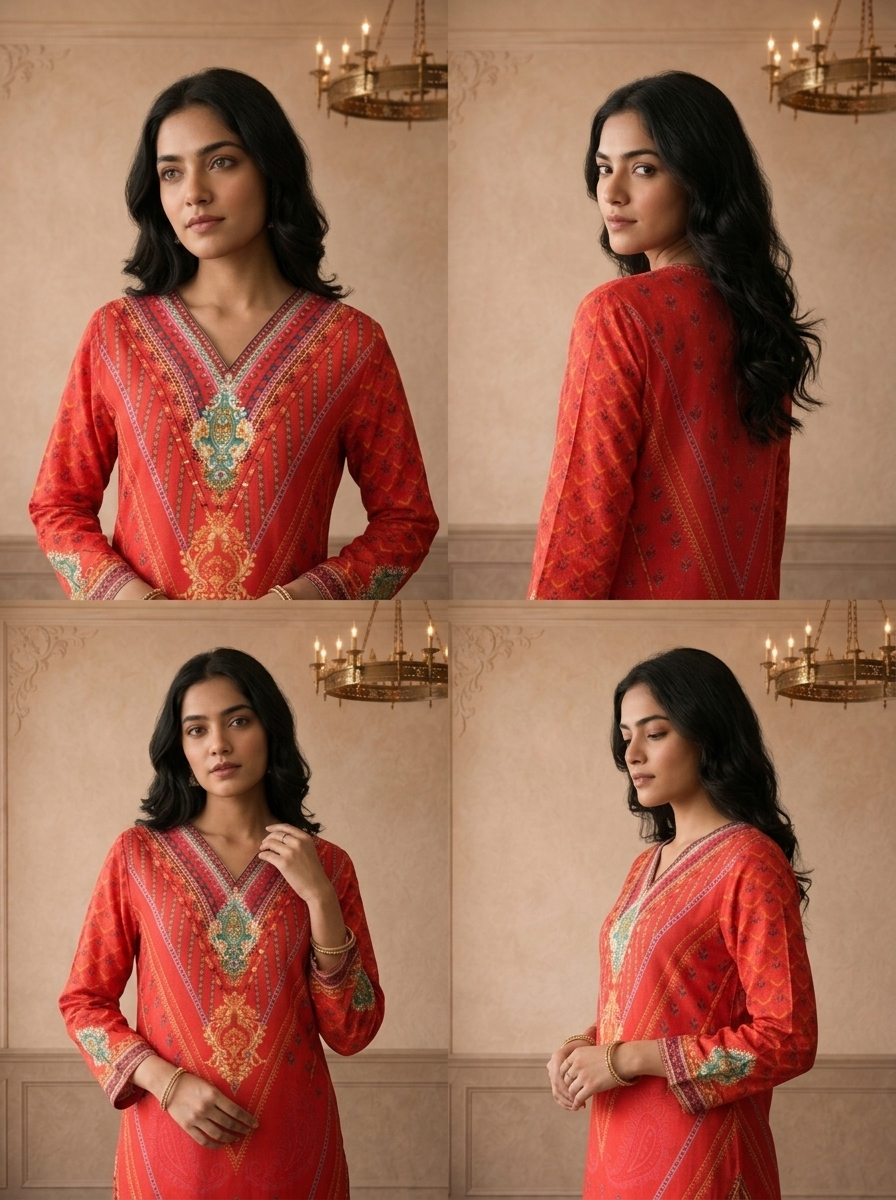 Red Muslin Mughal Paisley Digital Printed Kurta