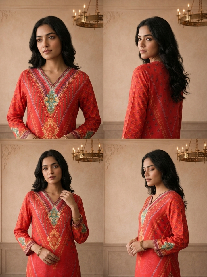 Red Muslin Mughal Paisley Digital Printed Kurta