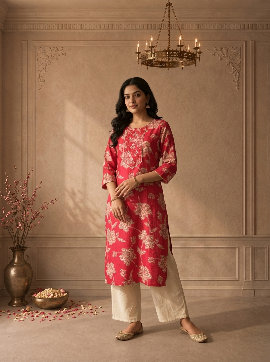 Magenta Muslin Floral Vine Printed Kurta