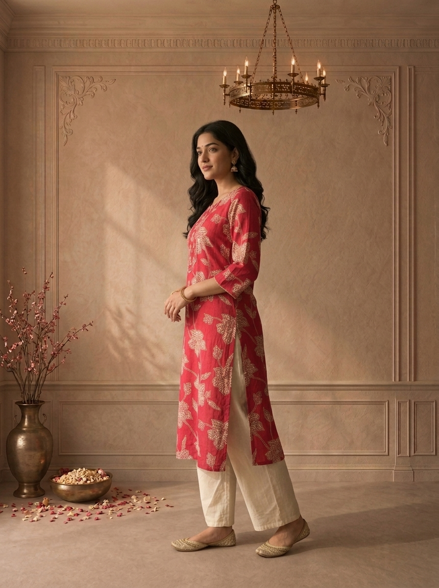 Magenta Muslin Floral Vine Printed Kurta