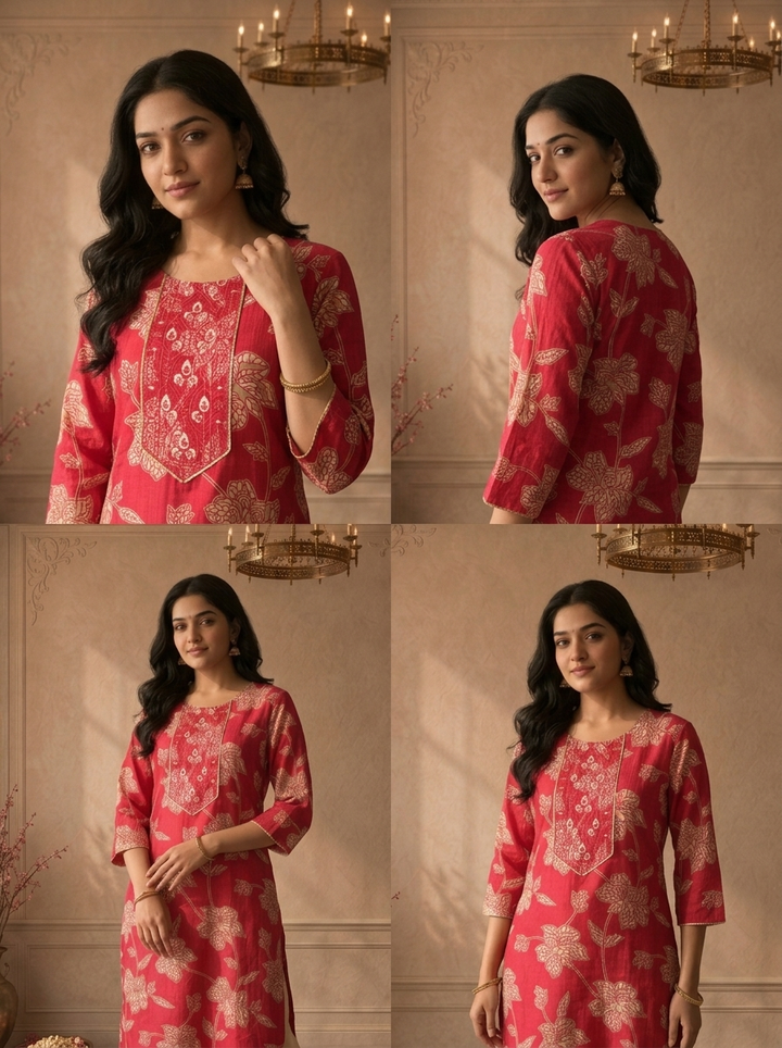 Magenta Muslin Floral Vine Printed Kurta