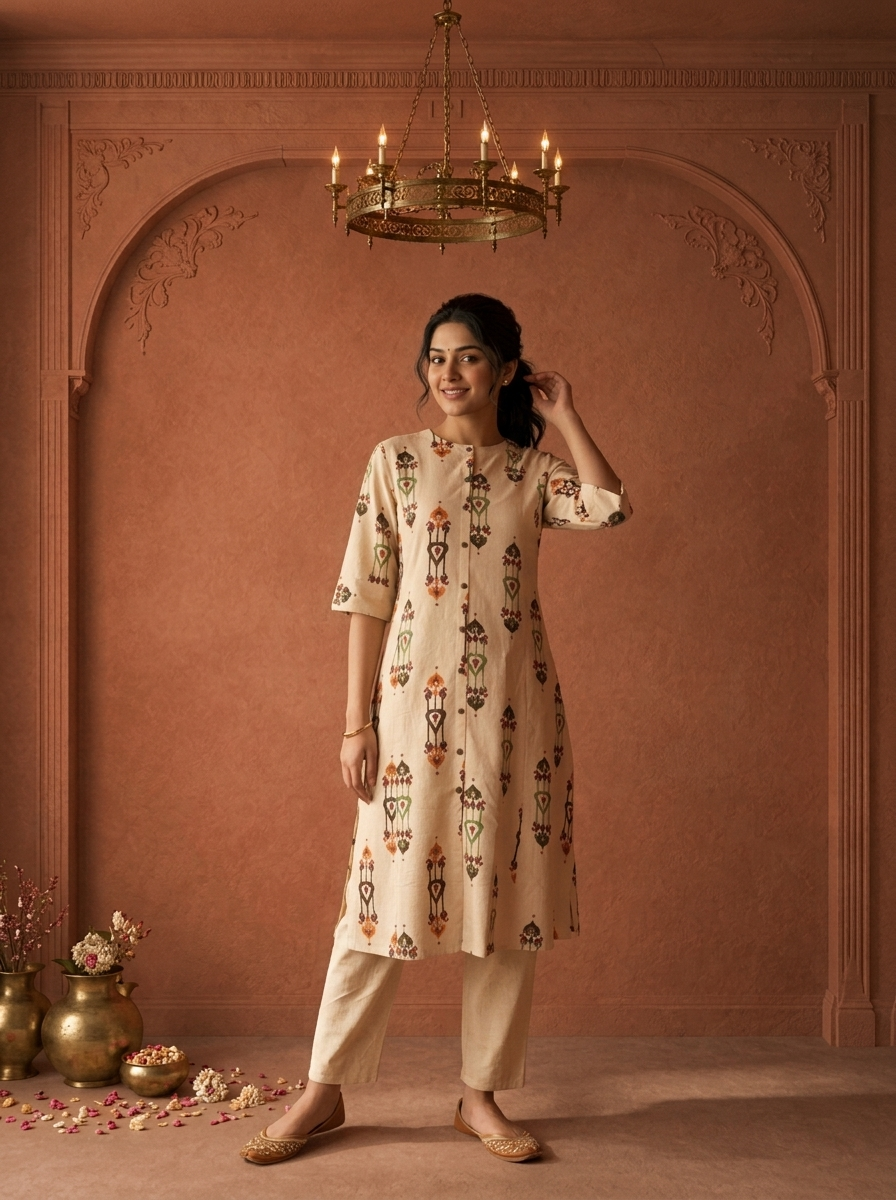 Cream Cotton Vertical Ikat Printed Kurta