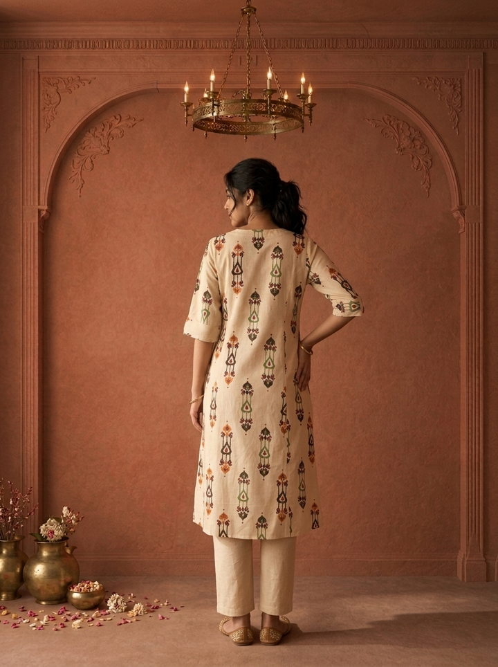 Cream Cotton Vertical Ikat Printed Kurta