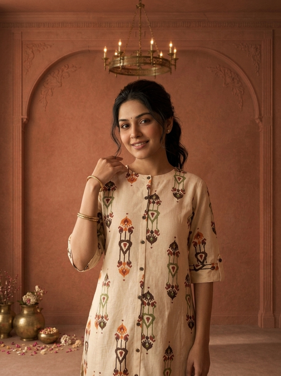 Cream Cotton Vertical Ikat Printed Kurta