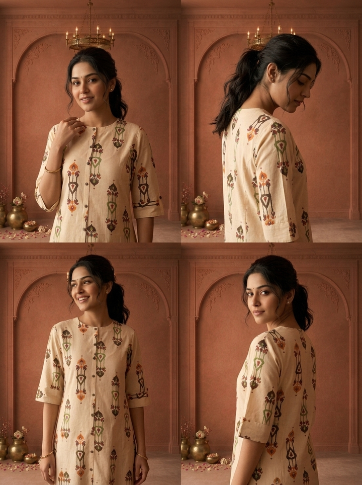 Cream Cotton Vertical Ikat Printed Kurta