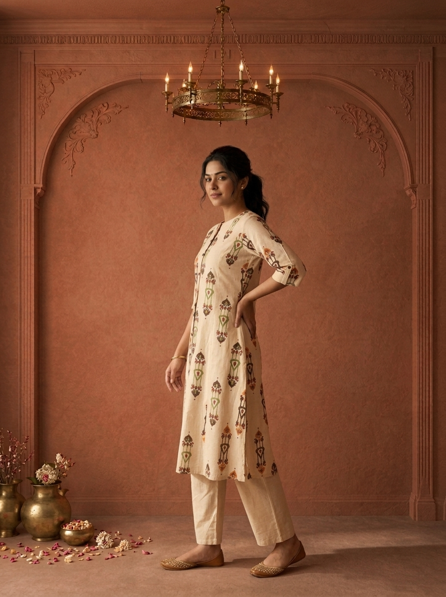 Cream Cotton Vertical Ikat Printed Kurta