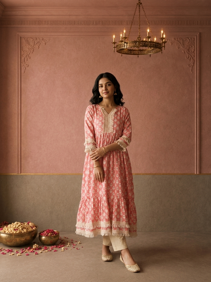Coral Cotton Leaf Butta Printed Dress