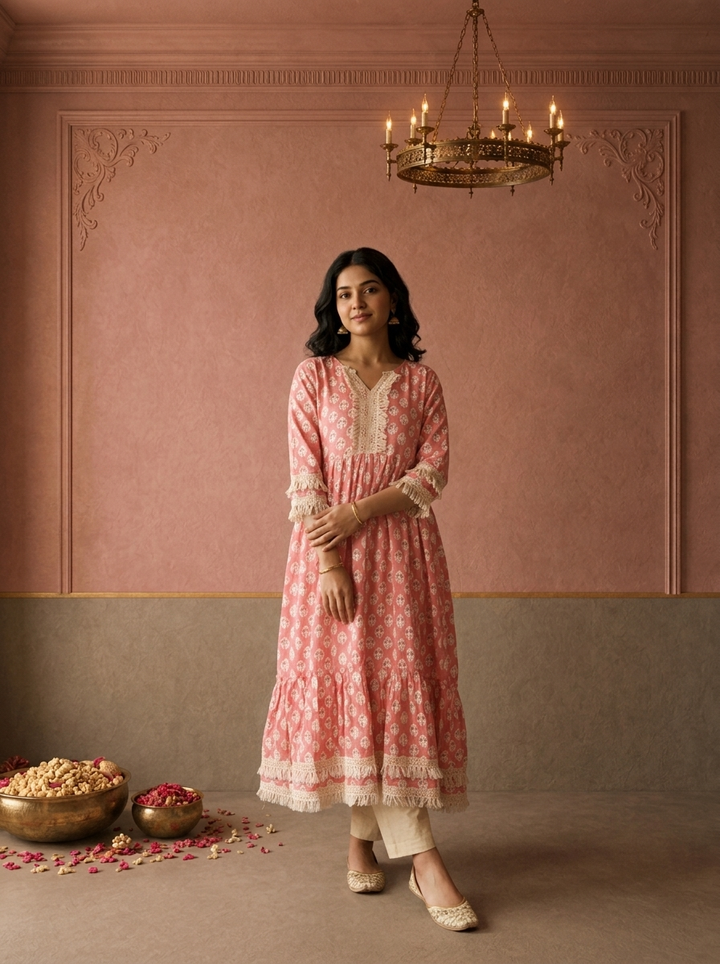 Coral Cotton Leaf Butta Printed Dress