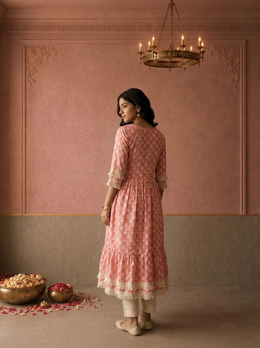 Coral Cotton Leaf Butta Printed Dress