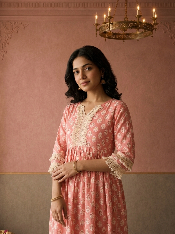 Coral Cotton Leaf Butta Printed Dress
