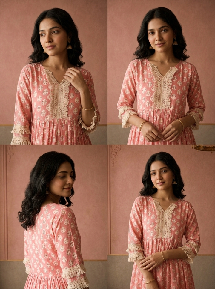 Coral Cotton Leaf Butta Printed Dress