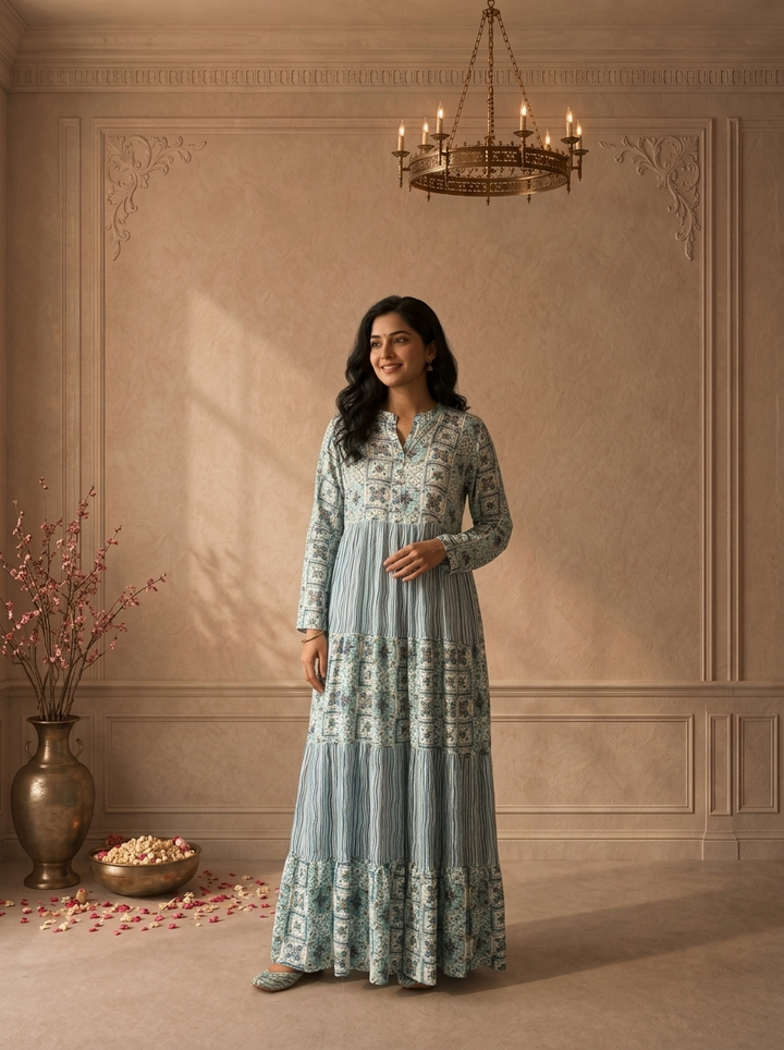 Sky Blue Rayon Moroccan Tile Printed Long Dress