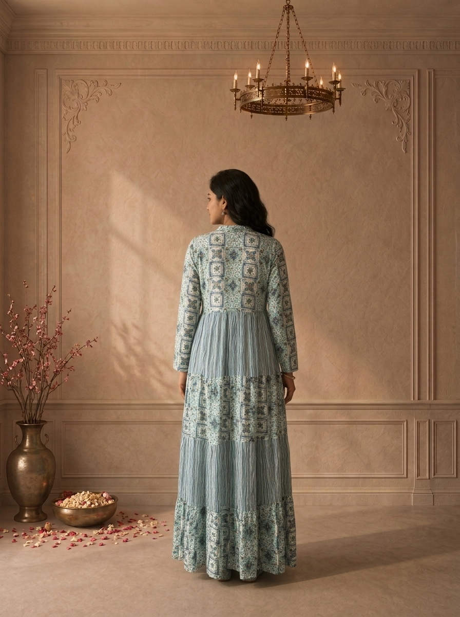 Sky Blue Rayon Moroccan Tile Printed Long Dress