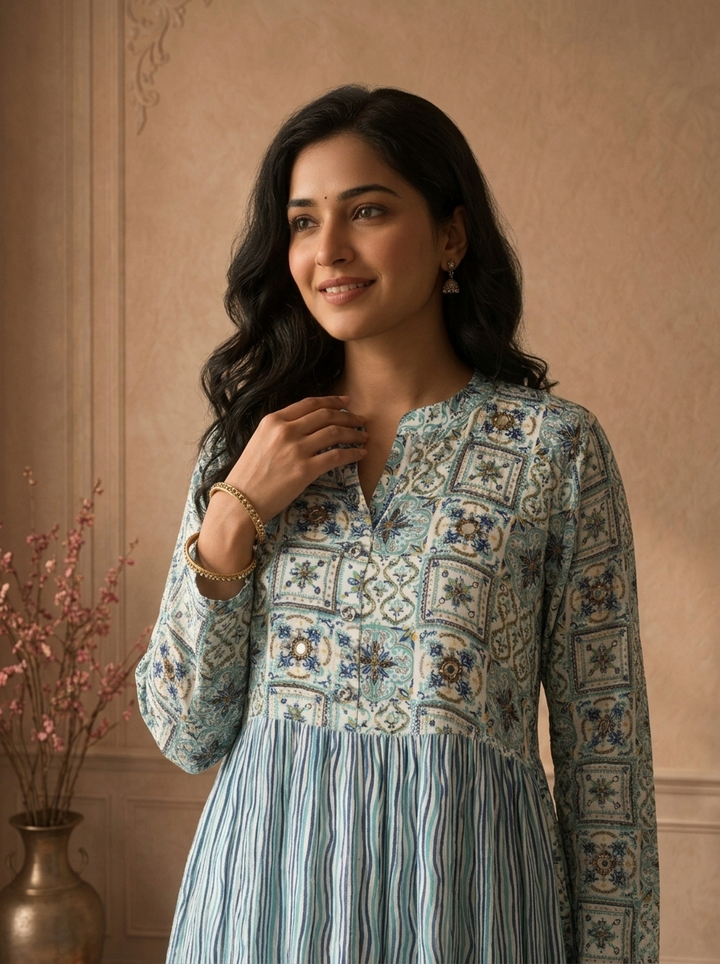 Sky Blue Rayon Moroccan Tile Printed Long Dress