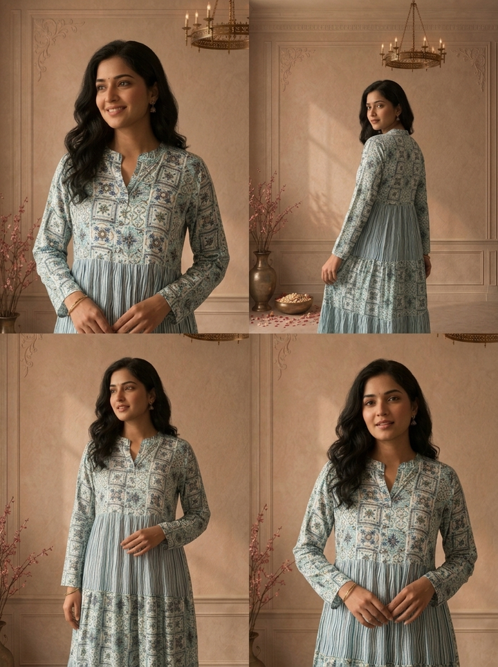 Sky Blue Rayon Moroccan Tile Printed Long Dress