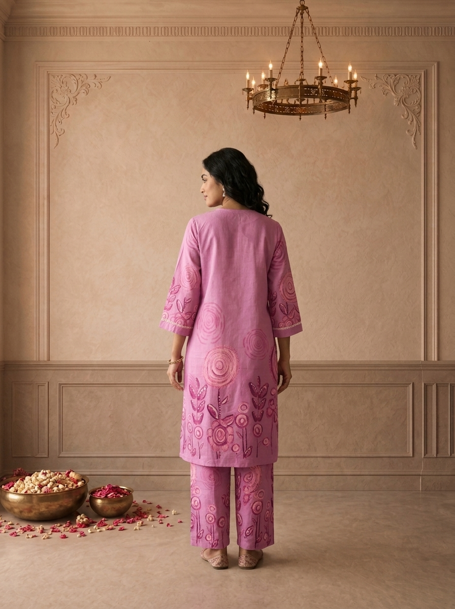 Lavender Cotton Handpainted Circular Floral Printed Two Piece Set