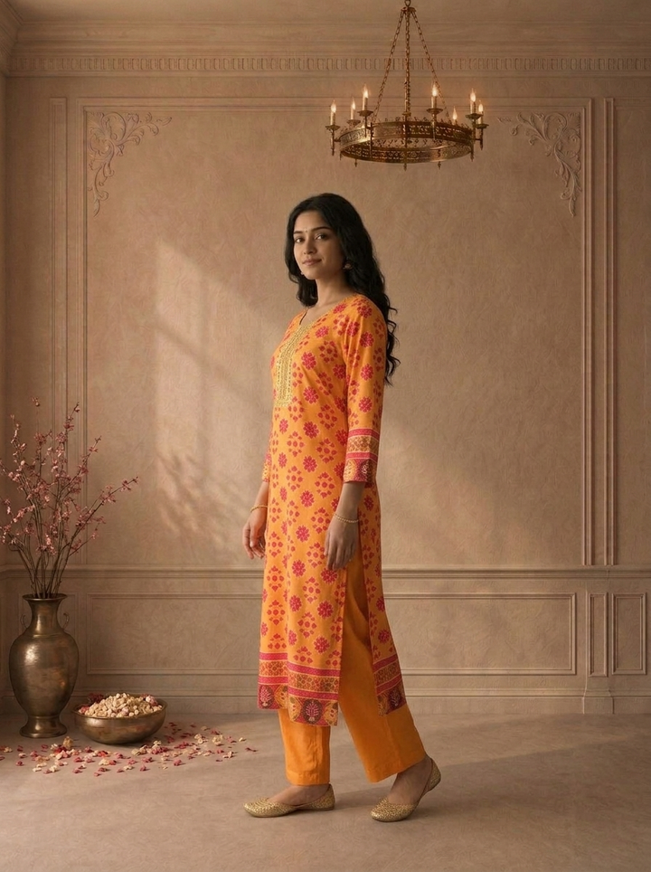 Mustard Silk Patola Ikat Printed Two Piece Set