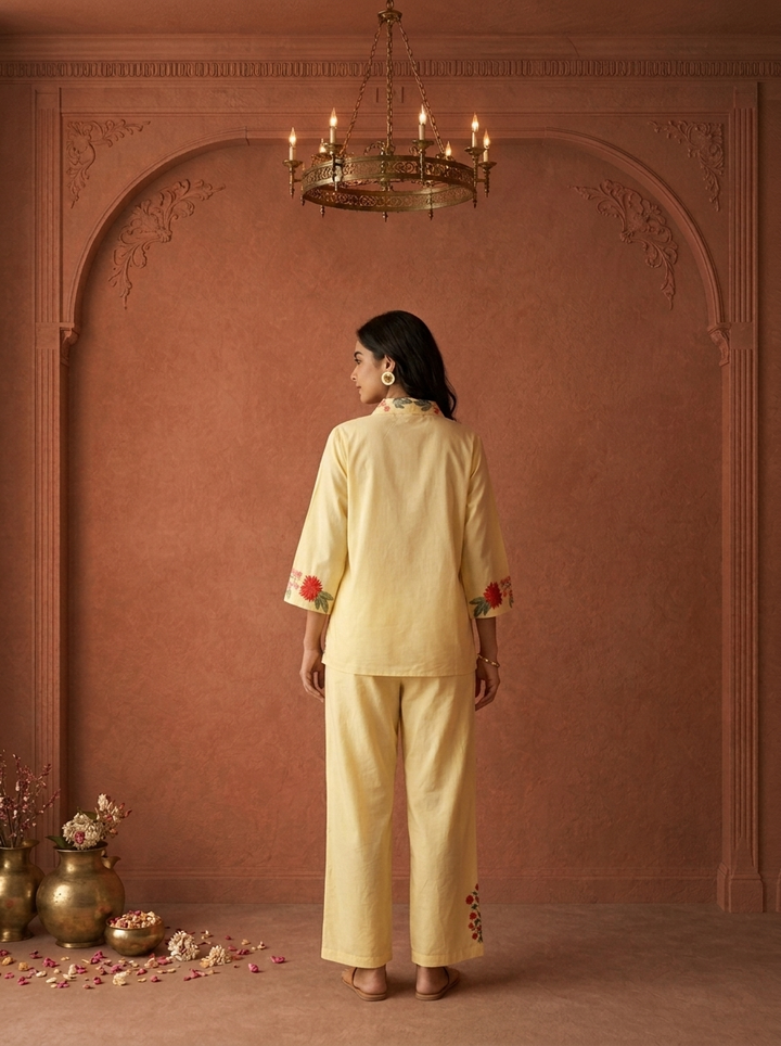 Yellow Cotton Floral Embroidered Two Piece Set