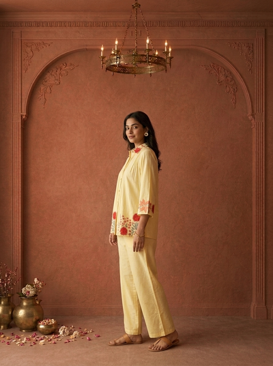 Yellow Cotton Floral Embroidered Two Piece Set