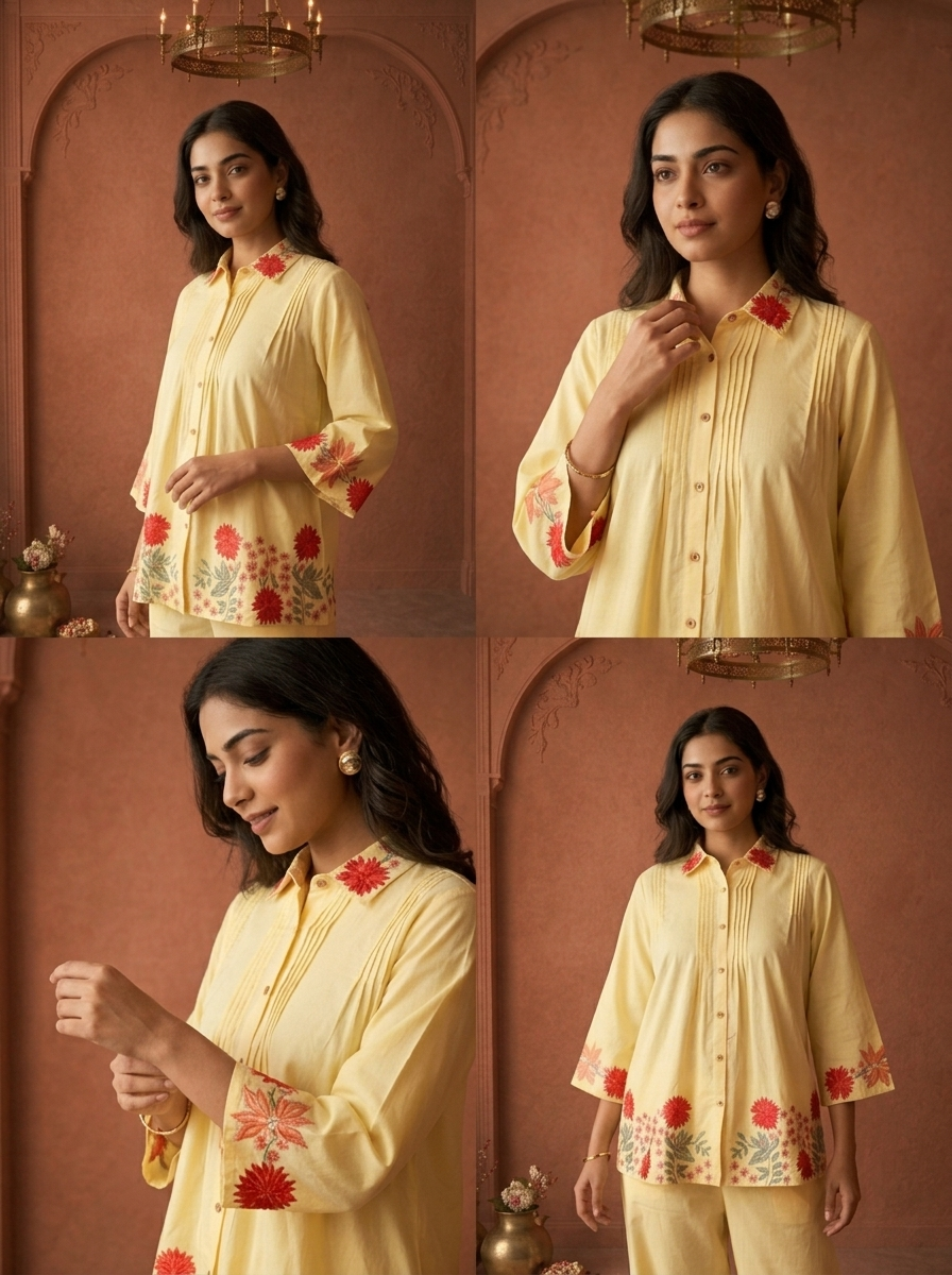 Yellow Cotton Floral Embroidered Two Piece Set