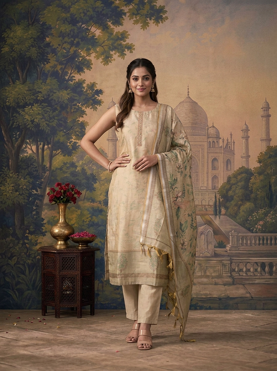 Pista Green Silk Watermark Floral Printed Three Piece Set