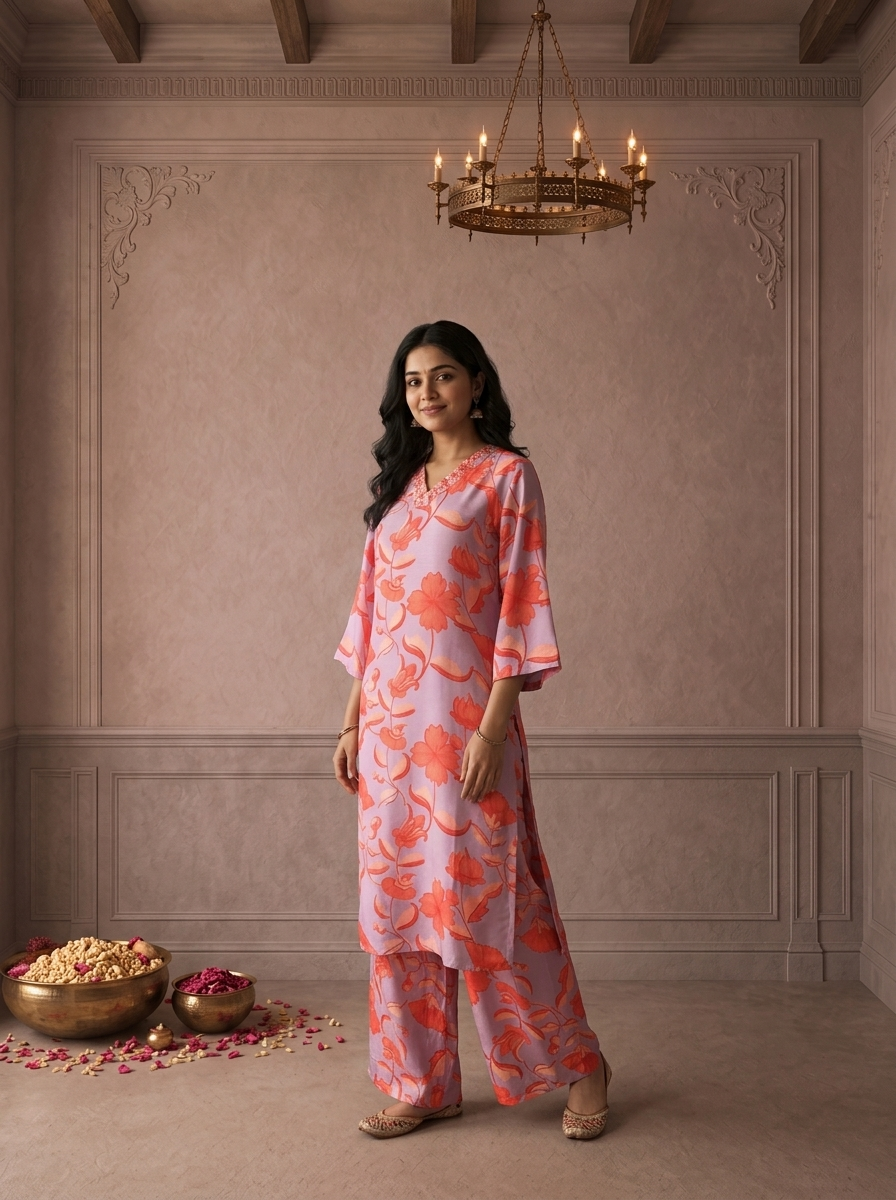 Lilac Muslin Tropical Floral Printed Two Piece Set