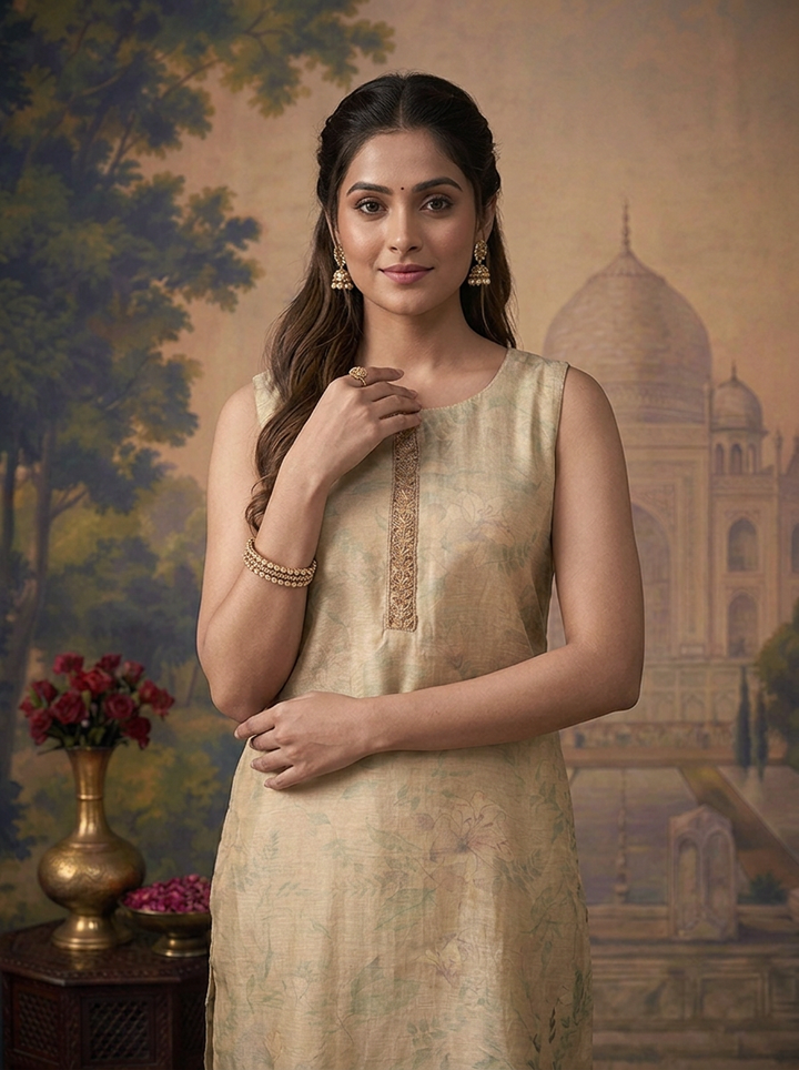 Pista Green Silk Watermark Floral Printed Three Piece Set