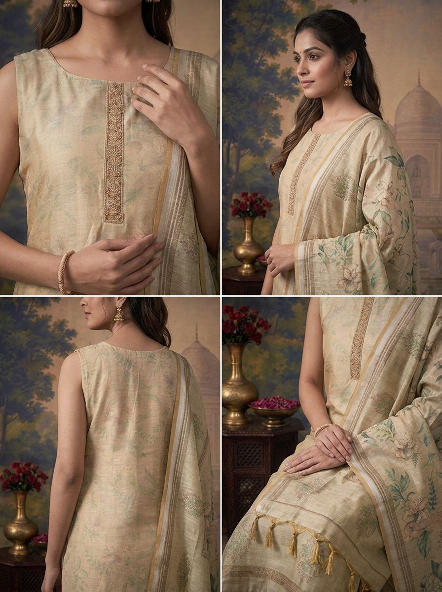 Pista Green Silk Watermark Floral Printed Three Piece Set