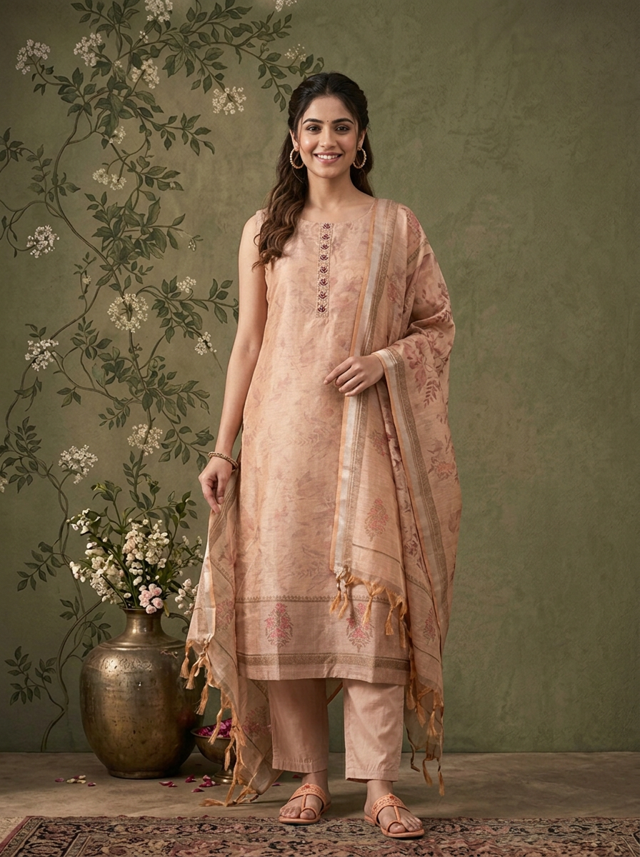 Onion Pink Silk Watermark Floral Printed Three Piece Set