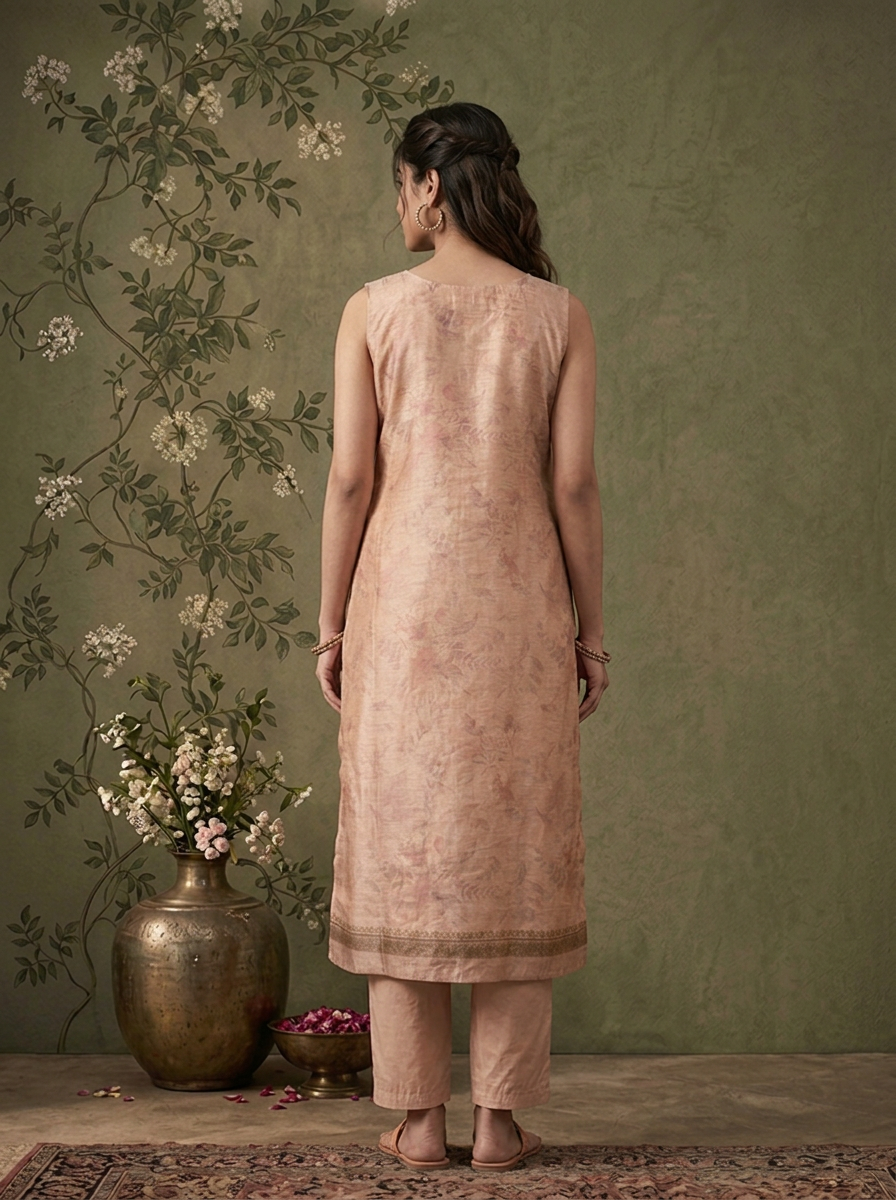 Onion Pink Silk Watermark Floral Printed Three Piece Set