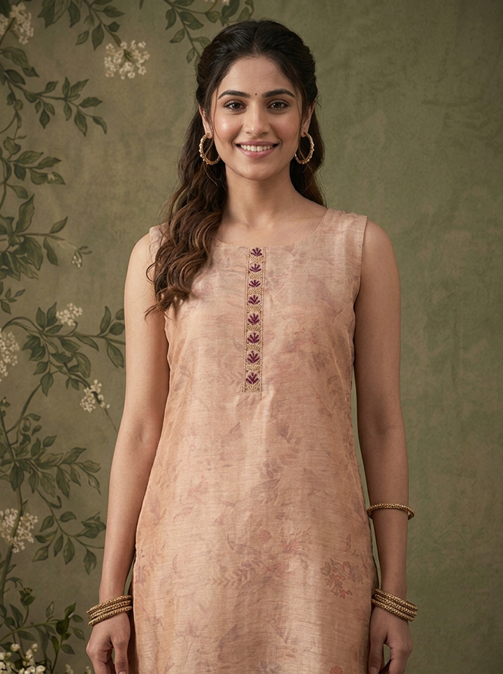 Onion Pink Silk Watermark Floral Printed Three Piece Set