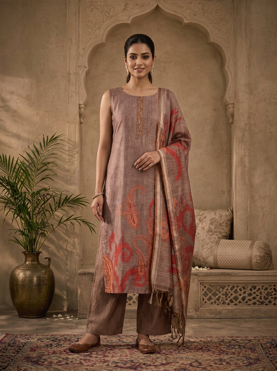 Brown Silk Ikat Paisley Printed Three Piece Set