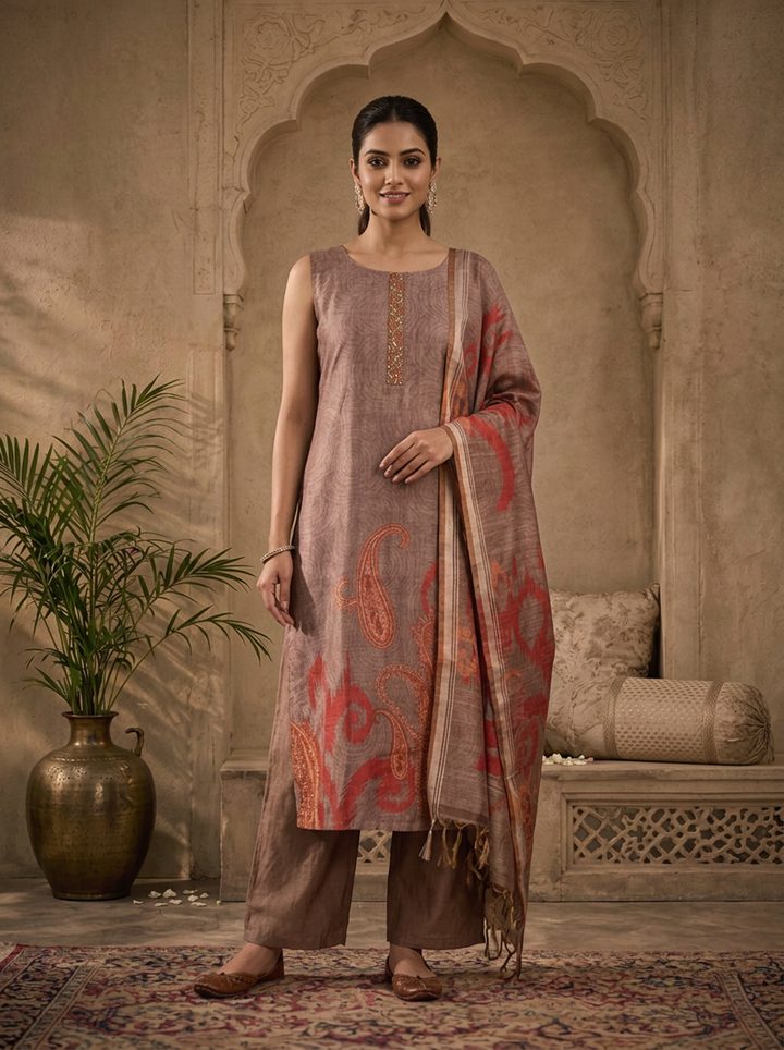Brown Silk Ikat Paisley Printed Three Piece Set