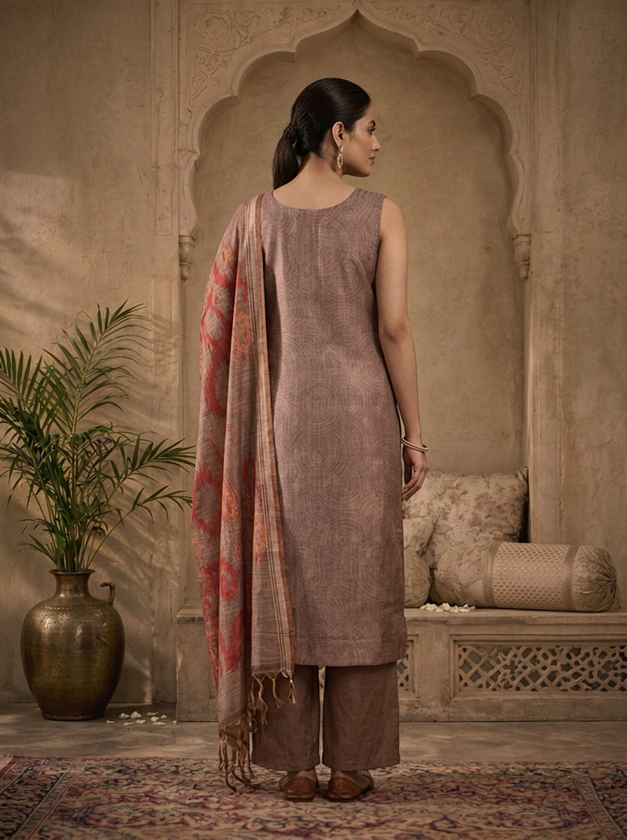 Brown Silk Ikat Paisley Printed Three Piece Set