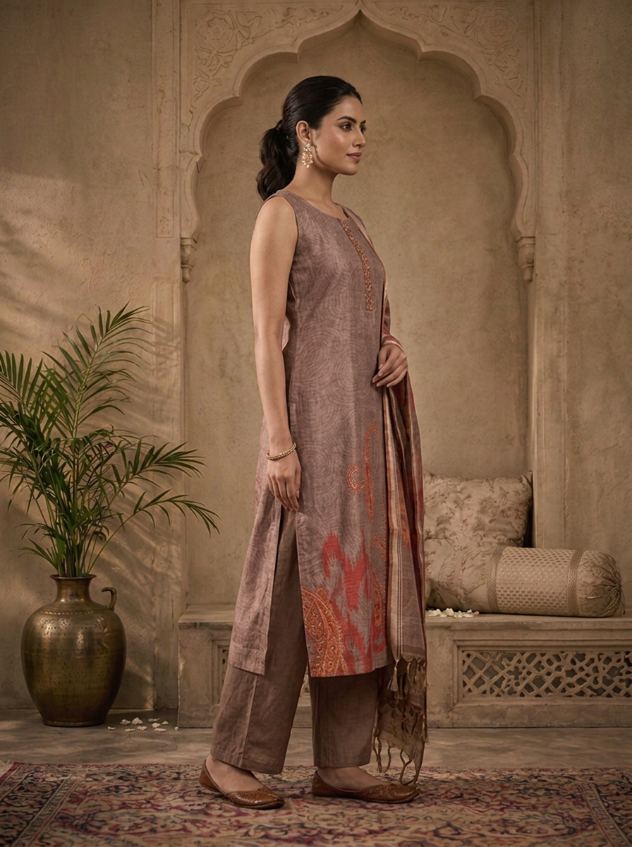 Brown Silk Ikat Paisley Printed Three Piece Set