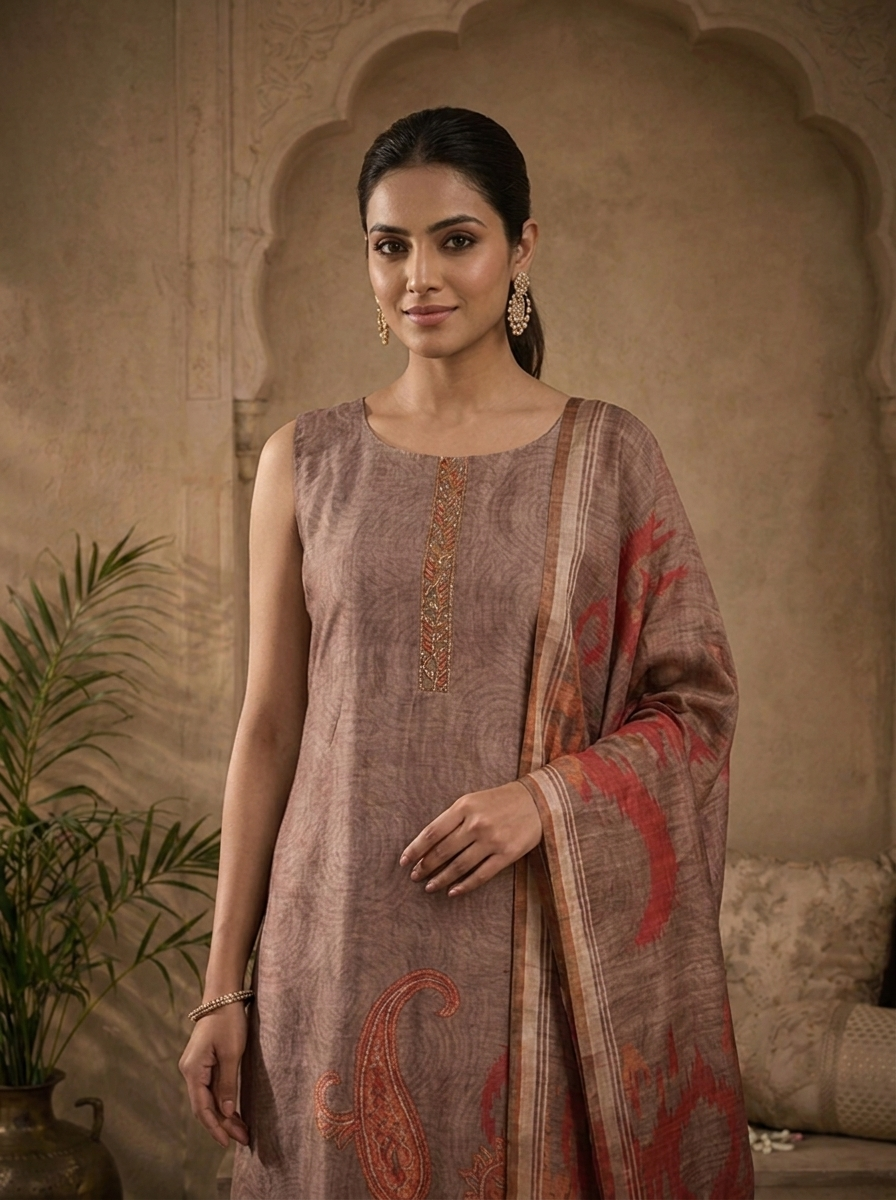 Brown Silk Ikat Paisley Printed Three Piece Set