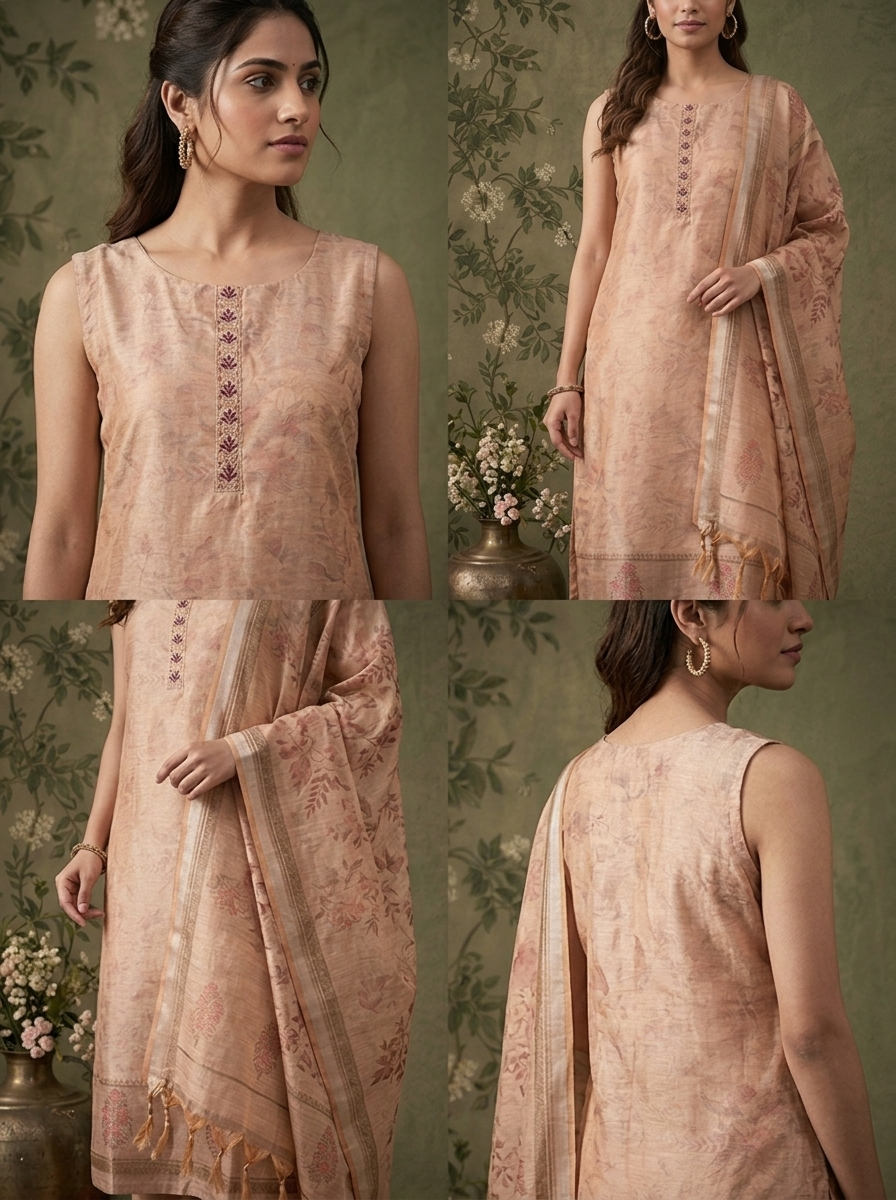 Onion Pink Silk Watermark Floral Printed Three Piece Set