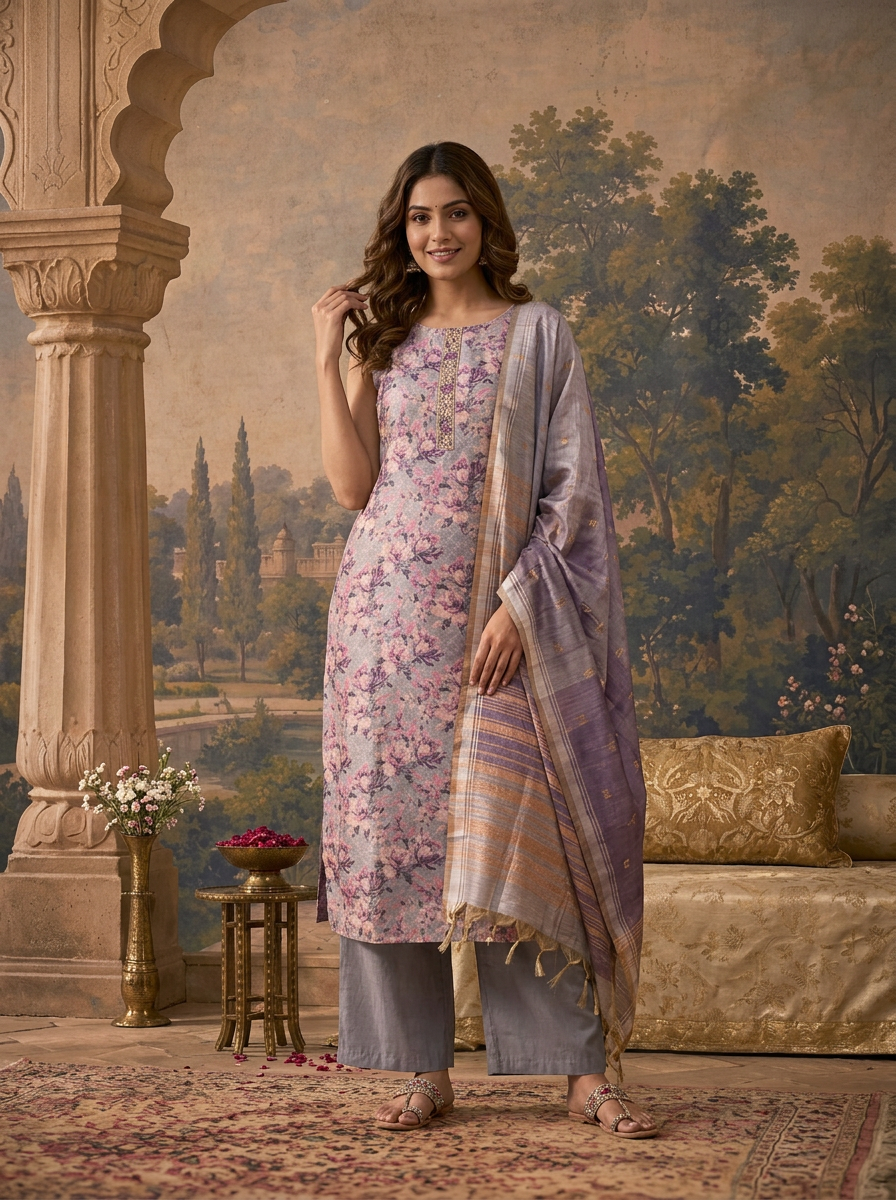 Lavender Silk All-Over Floral Printed Three Piece Set