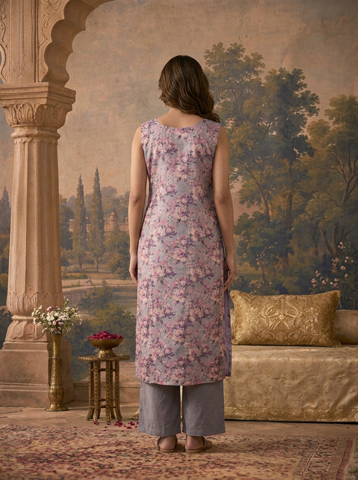 Lavender Silk All-Over Floral Printed Three Piece Set