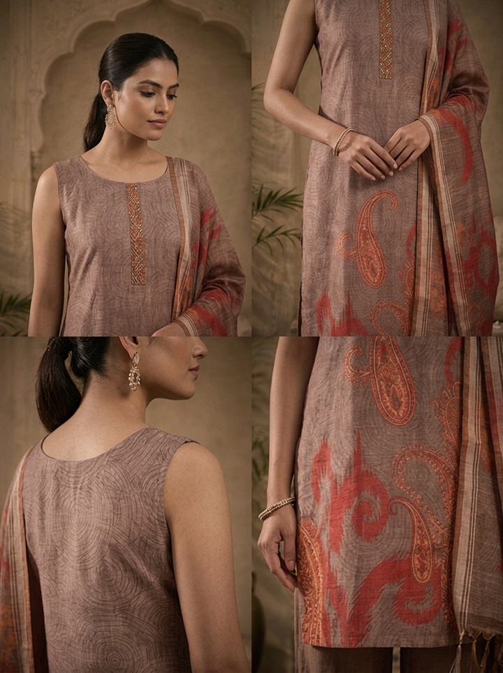Brown Silk Ikat Paisley Printed Three Piece Set