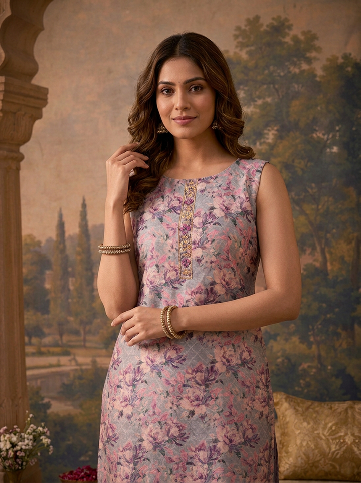 Lavender Silk All-Over Floral Printed Three Piece Set