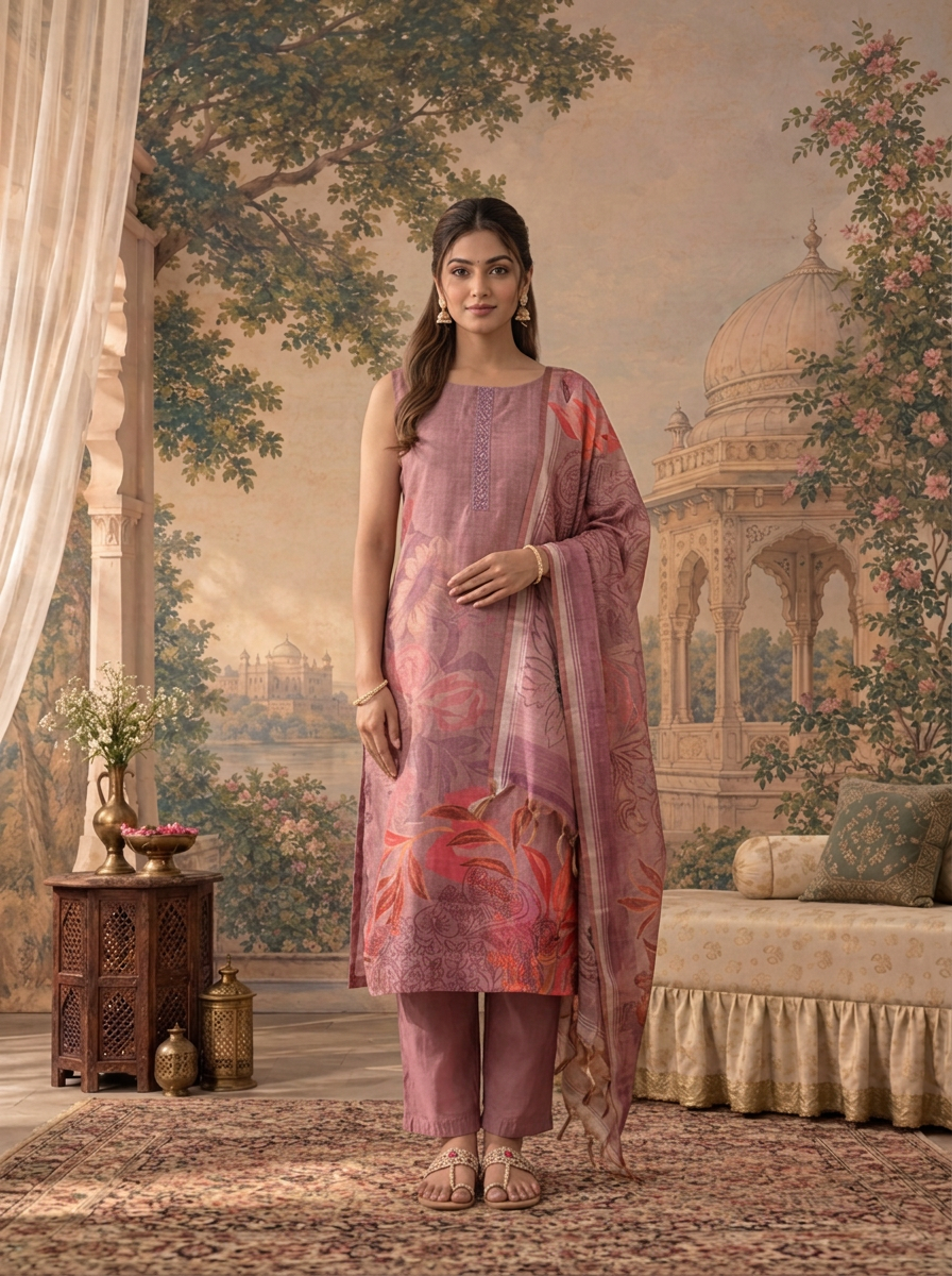 Lavender Silk Tropical Floral Placement Printed Three Piece Set