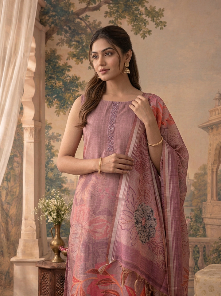 Lavender Silk Tropical Floral Placement Printed Three Piece Set