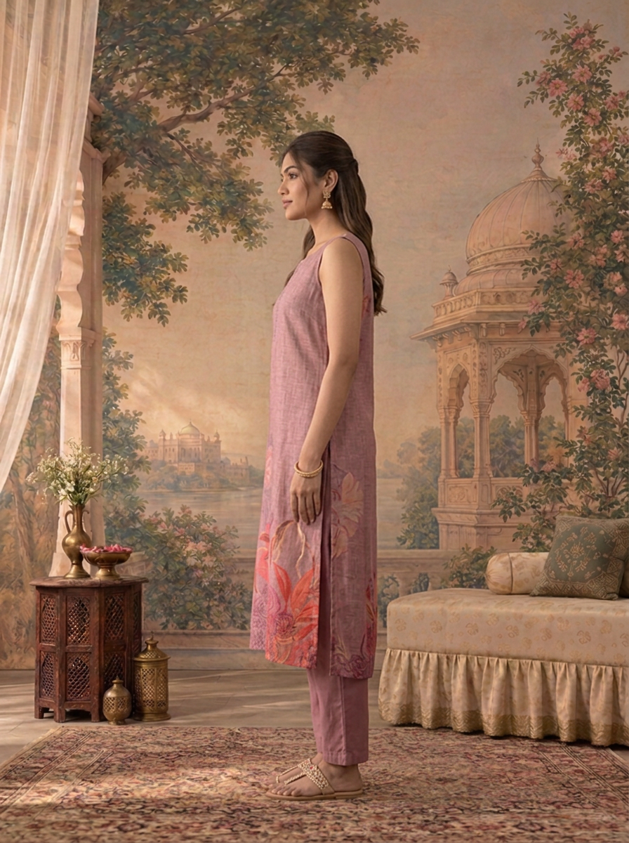 Lavender Silk Tropical Floral Placement Printed Three Piece Set