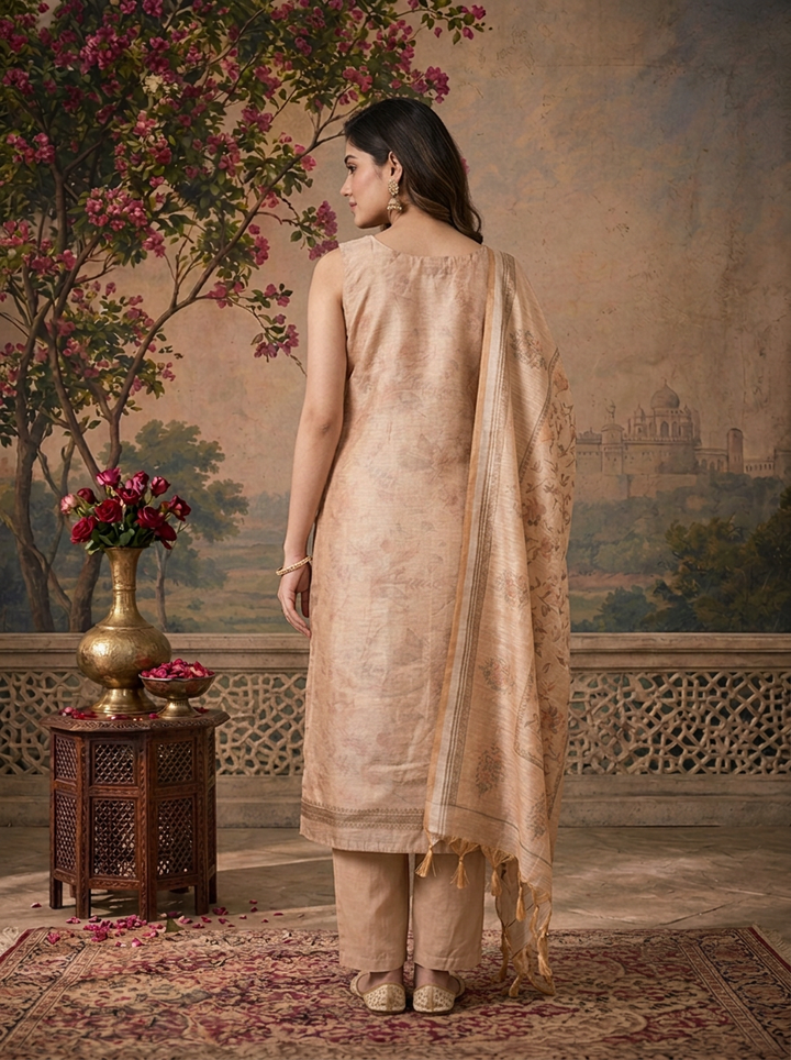 Beige Silk Watermark Floral Printed Three Piece Set
